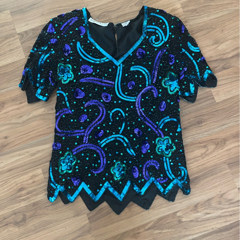 Vintage Scala Black Top with Blue and Purple sequins